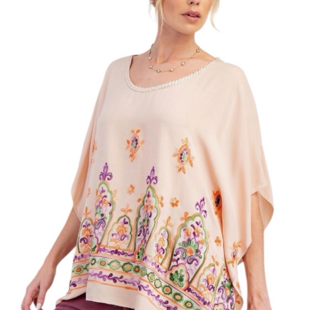 easel tunic blouse poncho embroidered peach embellished ribbon trim Boho vibe